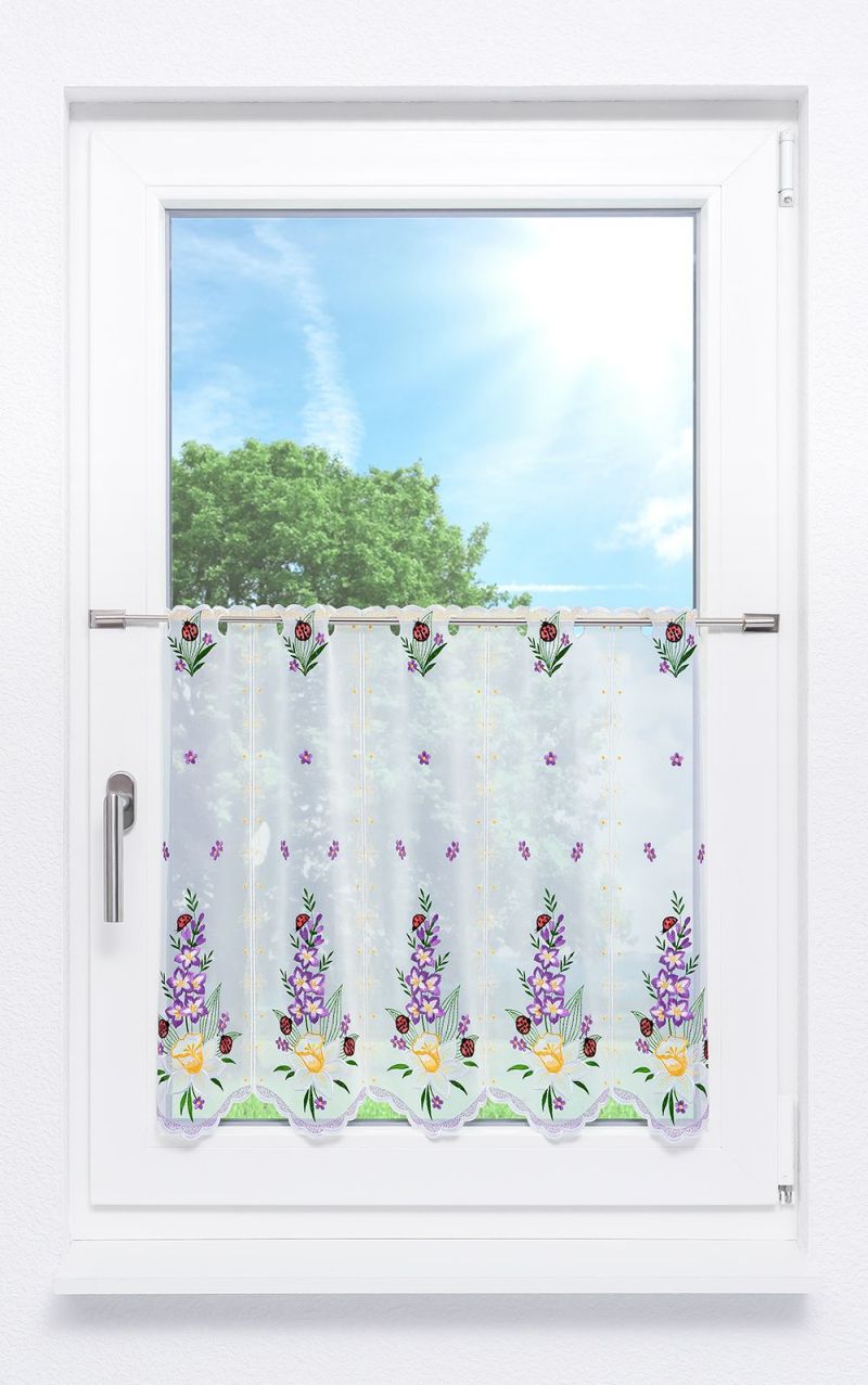 Scheibengardine aus Plauener Spitze - Frühlingsblumen